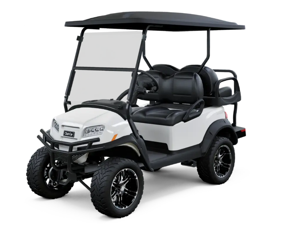 Club Car Onward electric golf cart, lifted, white with black canopy