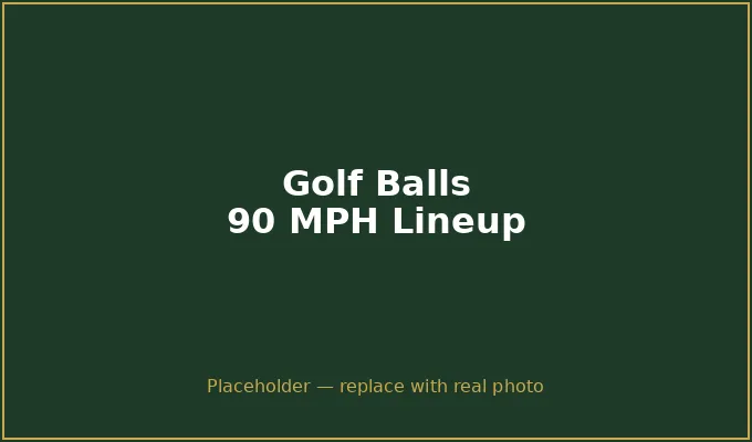 Five mid-compression golf balls lined up for 90 mph swing speed comparison — Srixon, Callaway, Titleist, TaylorMade, Bridgestone