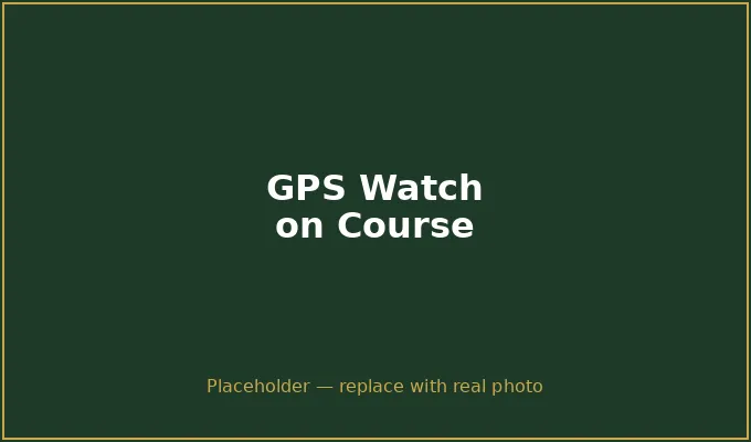 GPS golf watch on a weekend golfer's wrist showing yardage to the green mid-round