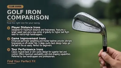 Three iron sets side by side showing the difference in offset and topline for different handicap levels
