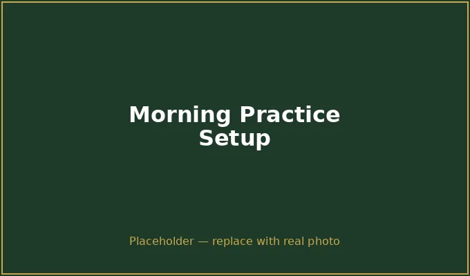 Living room morning golf practice setup — putter, ball, and coffee mug on carpet before work