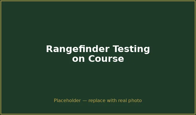 Weekend golfer testing a laser rangefinder on a par-3 to get the exact pin distance